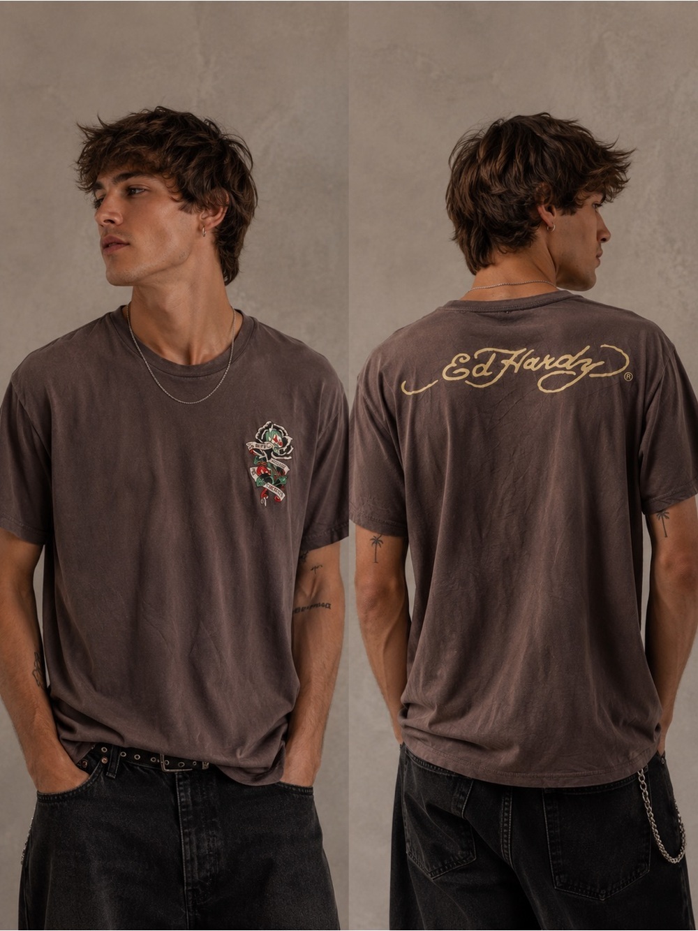 Ed Hardy Brown Short Sleeve Tee with Rose Chest Patch and Script Back Logo